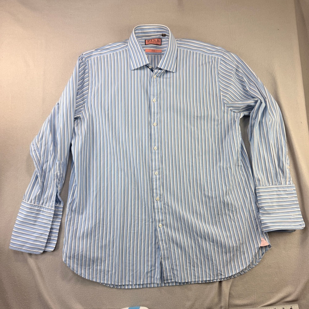 Thomas Pink Mens 18-35.5 Classic Fit Striped French Cuff Dress Shirt Blue White